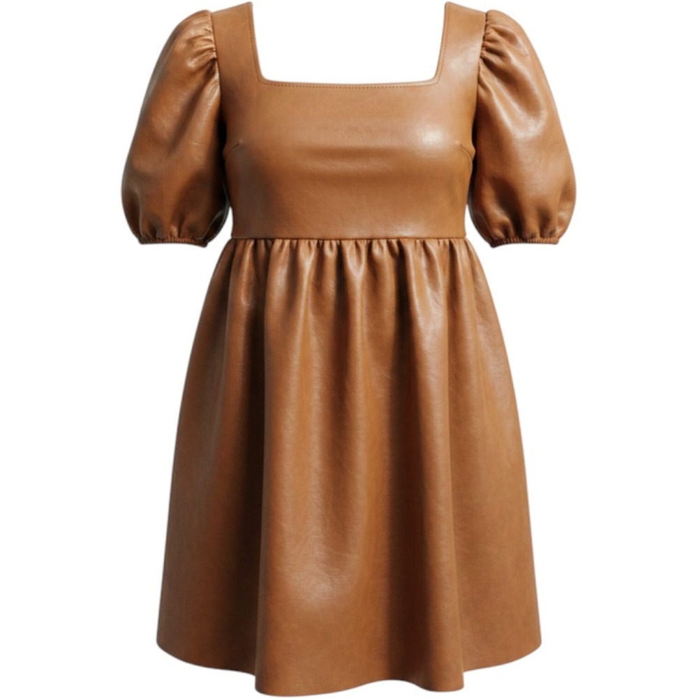 Böhme Womens XL Brown Faux Leather Babydoll Dress Side Pockets Puff Sleeve NWT